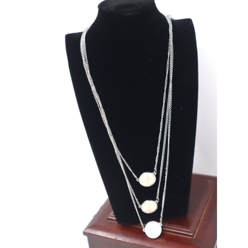 Silvertone Layered Necklace White Marbled Faux Stone Tiers Howlite Long